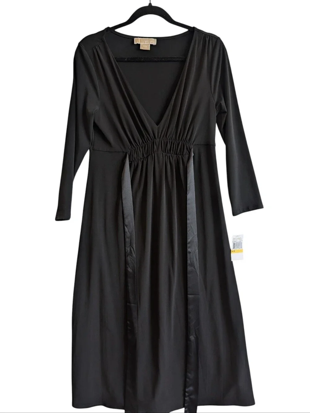 Michael Kors Black Deep V Neck Midi Dress 3/4 Sleeve